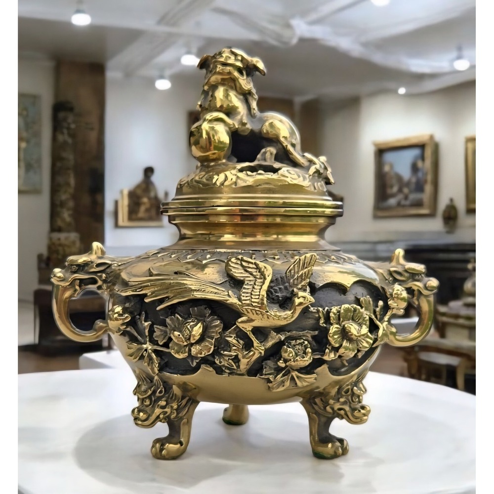 Vintage Brass Dragon Incense‎ Burner - Foo Dog Lid, Bird & Floral Relief 5" Tall